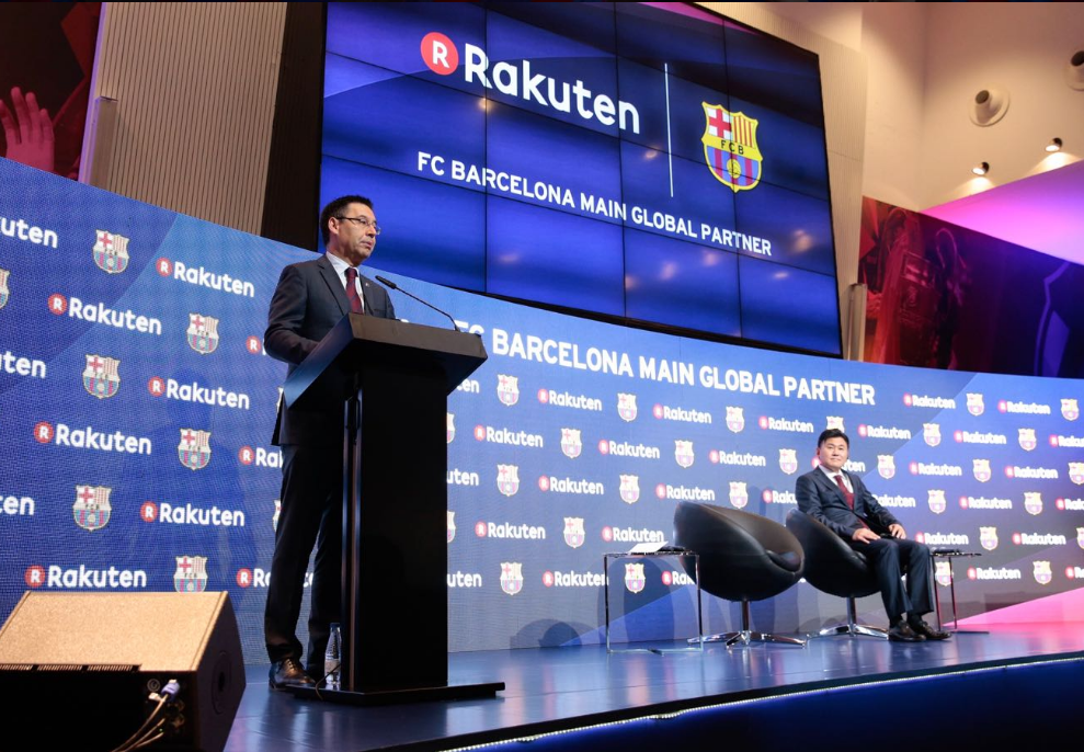 El president del Barça, Josep Maria Bartomeu, durant la presentació de l'acord amb Rakuten