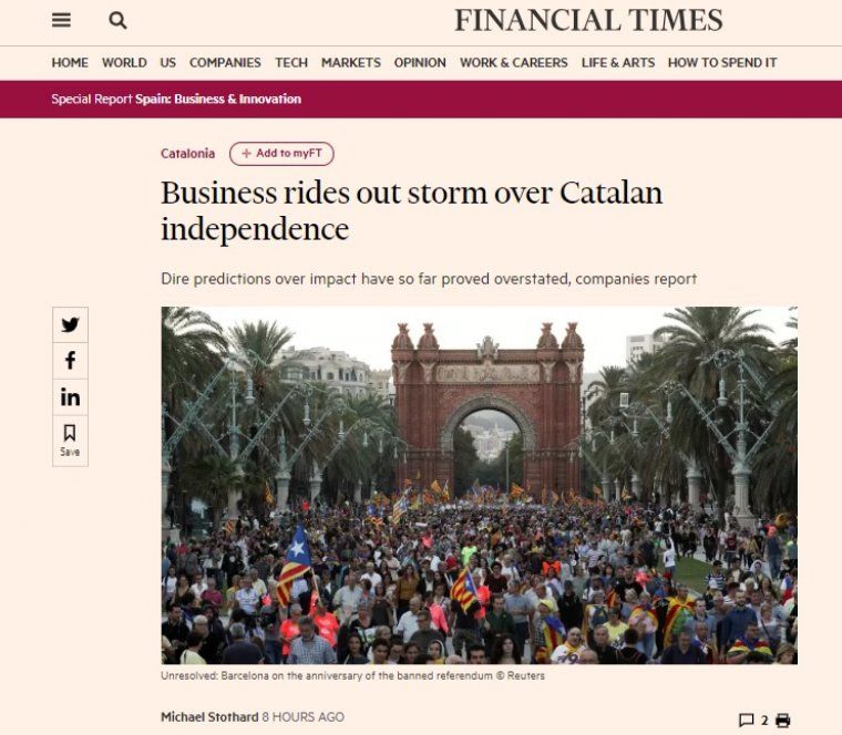 Article del 'Financial Times' sobre la situació econòmica a Catalunya arran del procés independentista