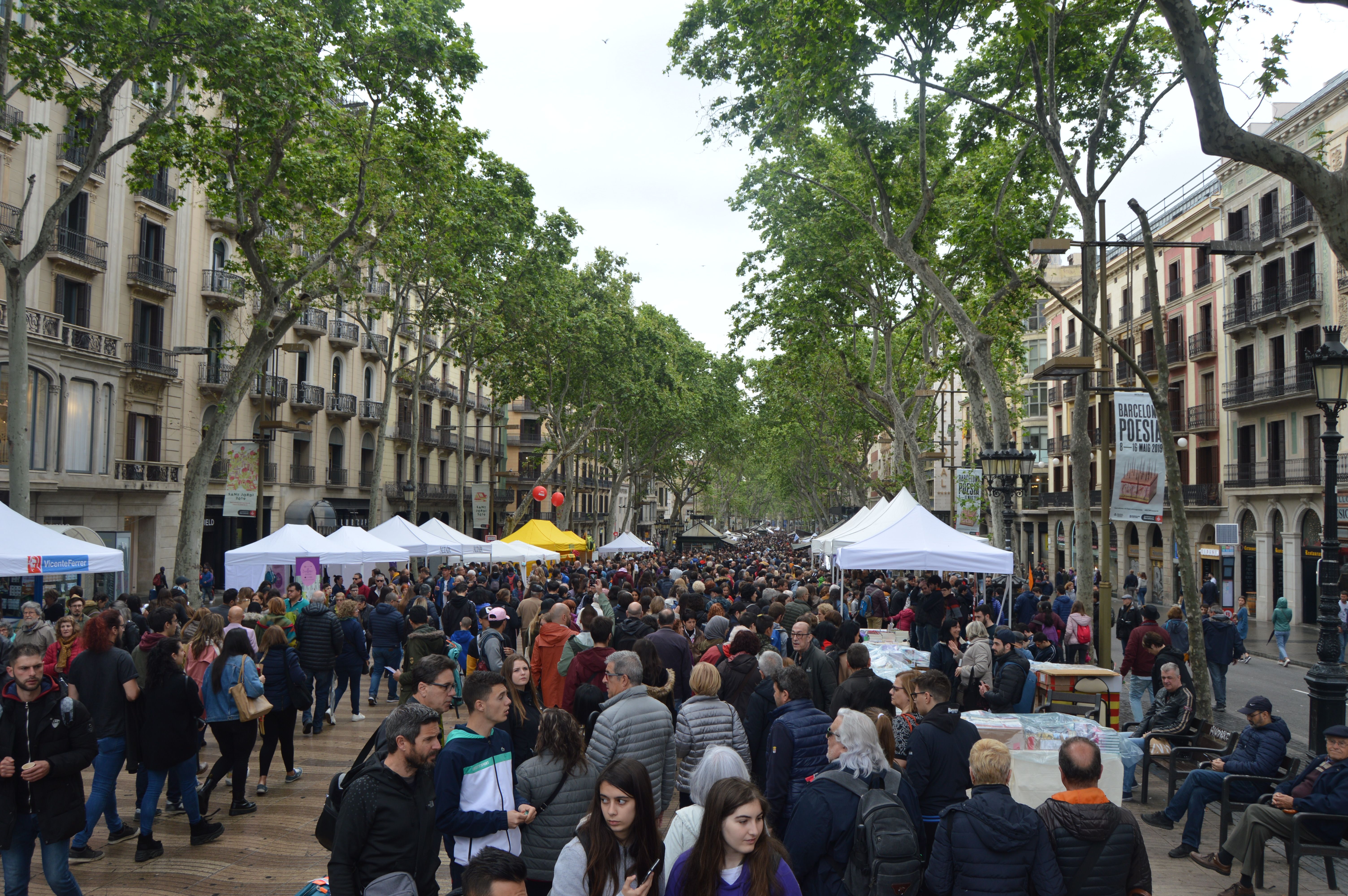 La Rambla de Barcelona s'omple per Sant Jordi malgrat el temps | Cedida