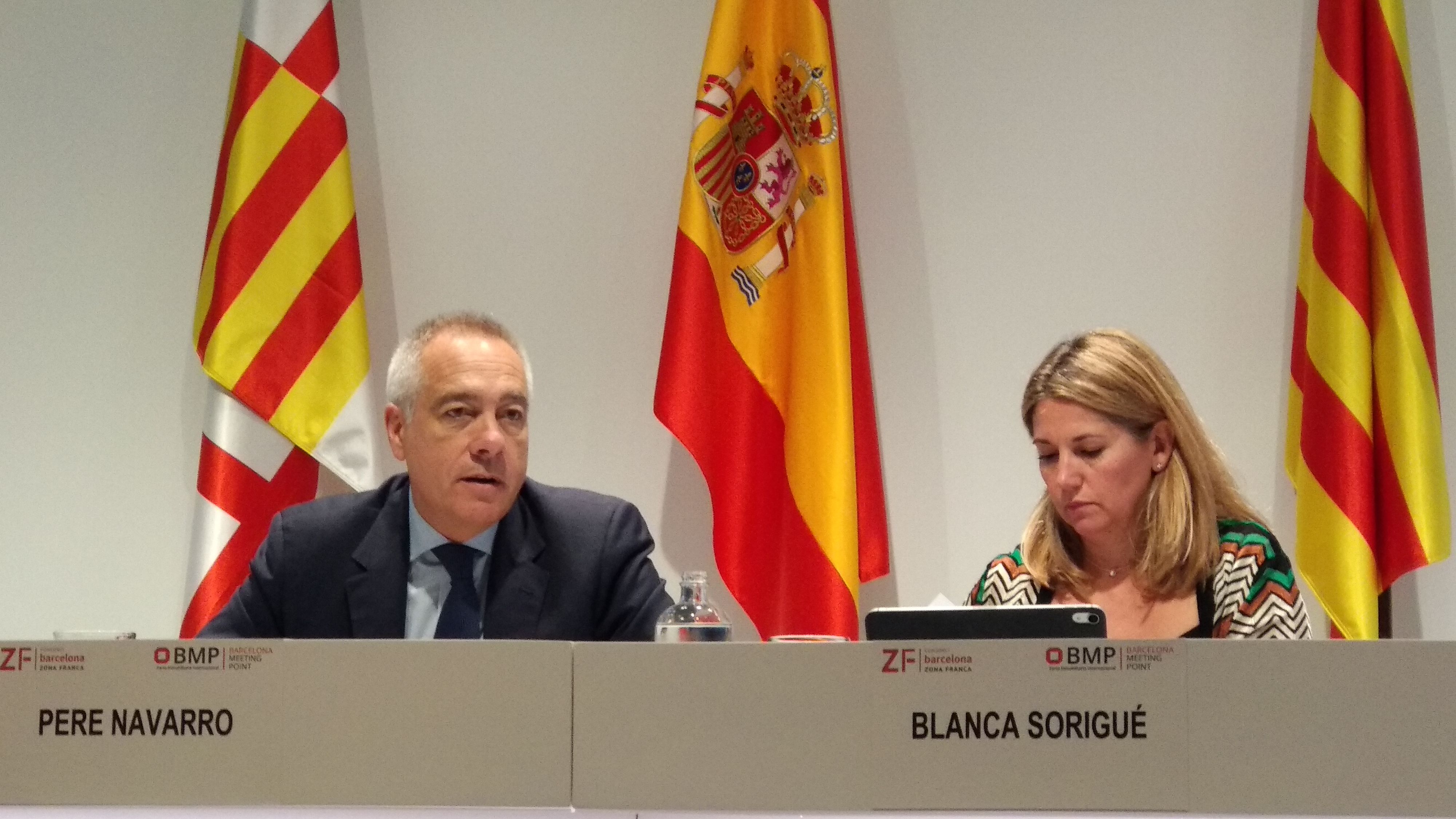 Pere Navarro i Blanca Sorigué, president i consellera delegada del Barcelona Meeting Point (BMP), durant la presentació de la fira del 2019