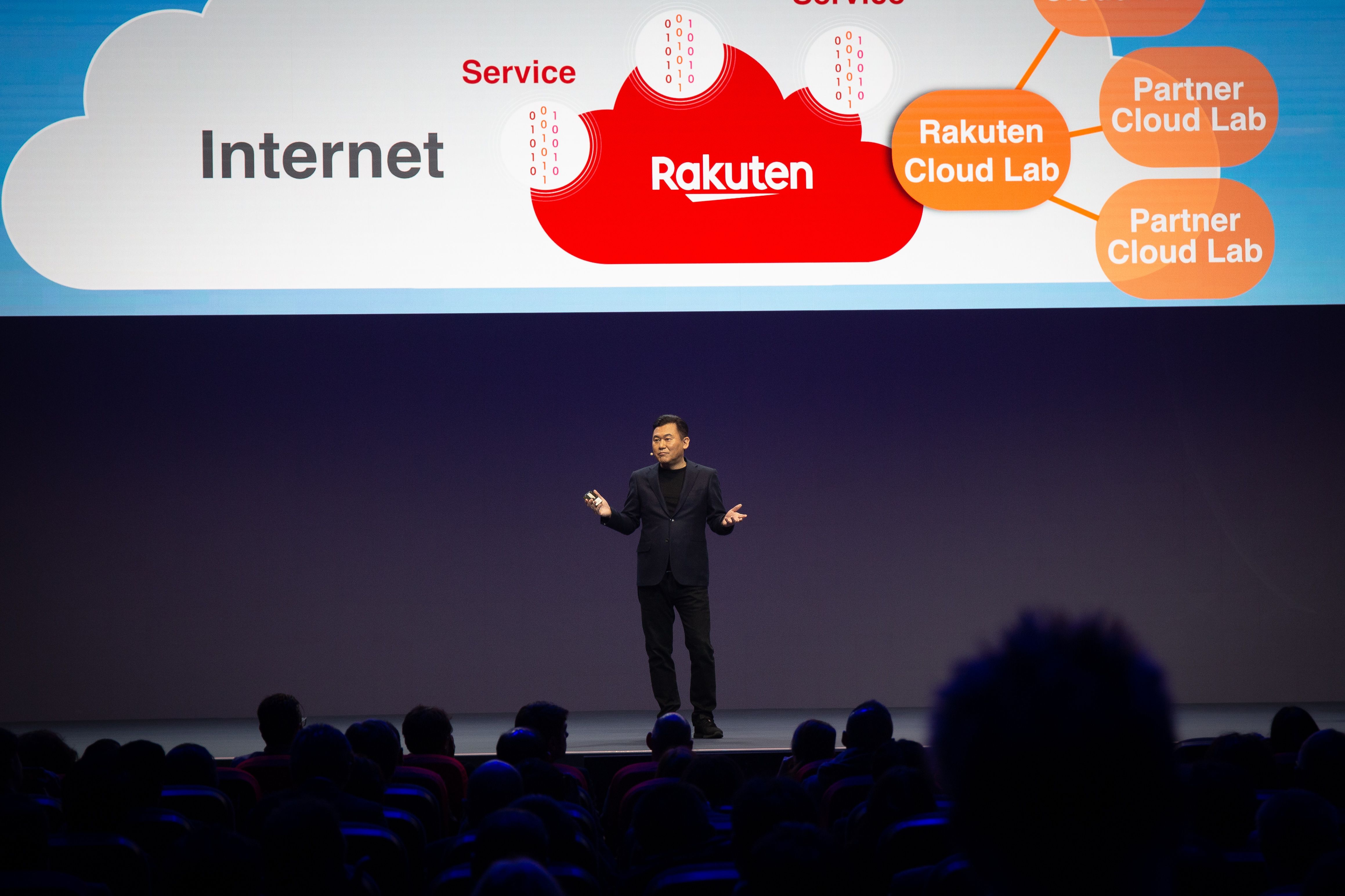 El president de Rakuten, Mickey Mikitani, durant la seva ponència al MWC19 | Europa Press