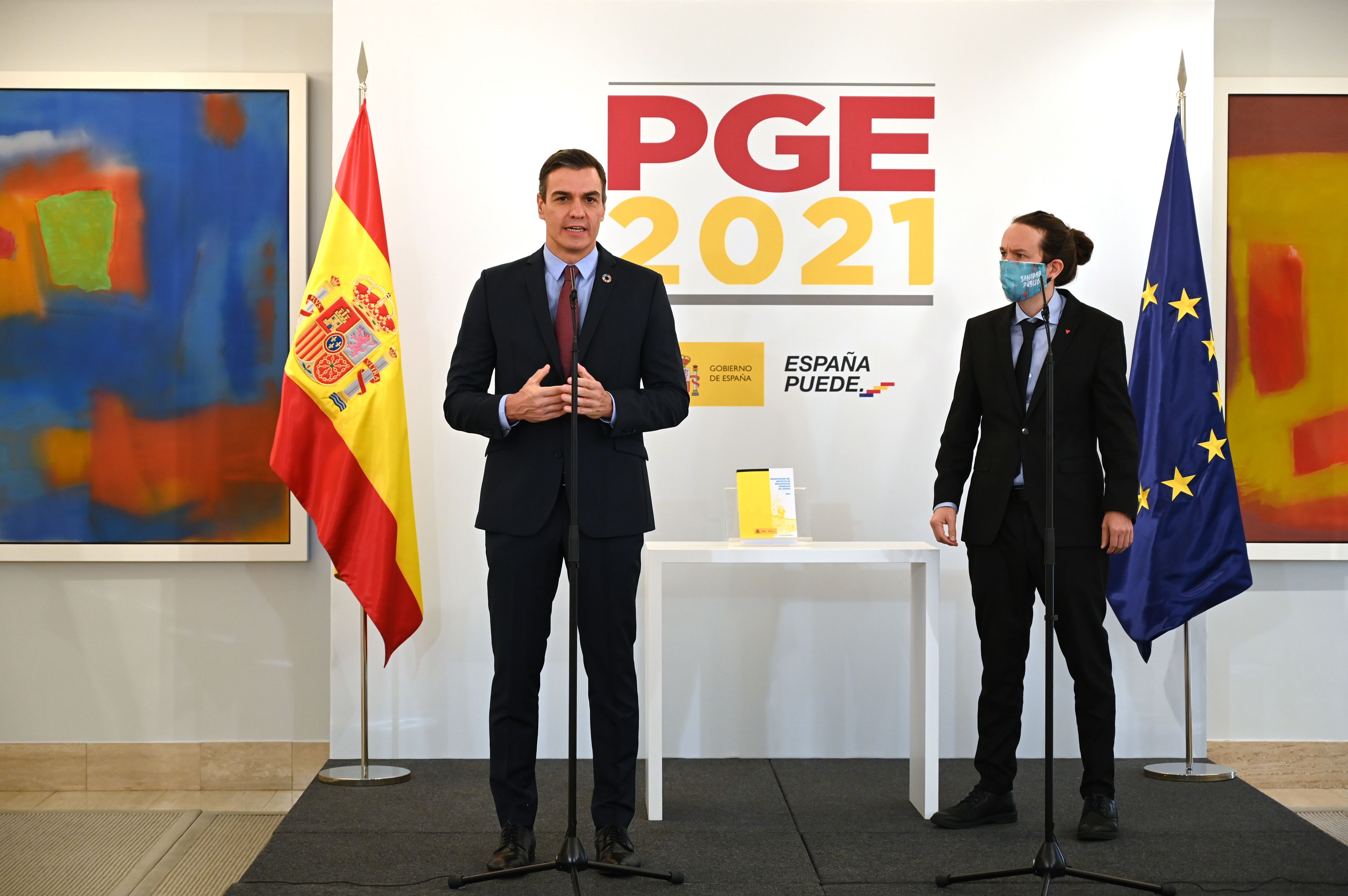 Pedro Sánchez i Pablo Iglesias, president i vicepresident del Govern espanyol, presenten l'esborrany de pressupostos, que inclou una pujada d'impostos a les rendes més altes | Europa Press