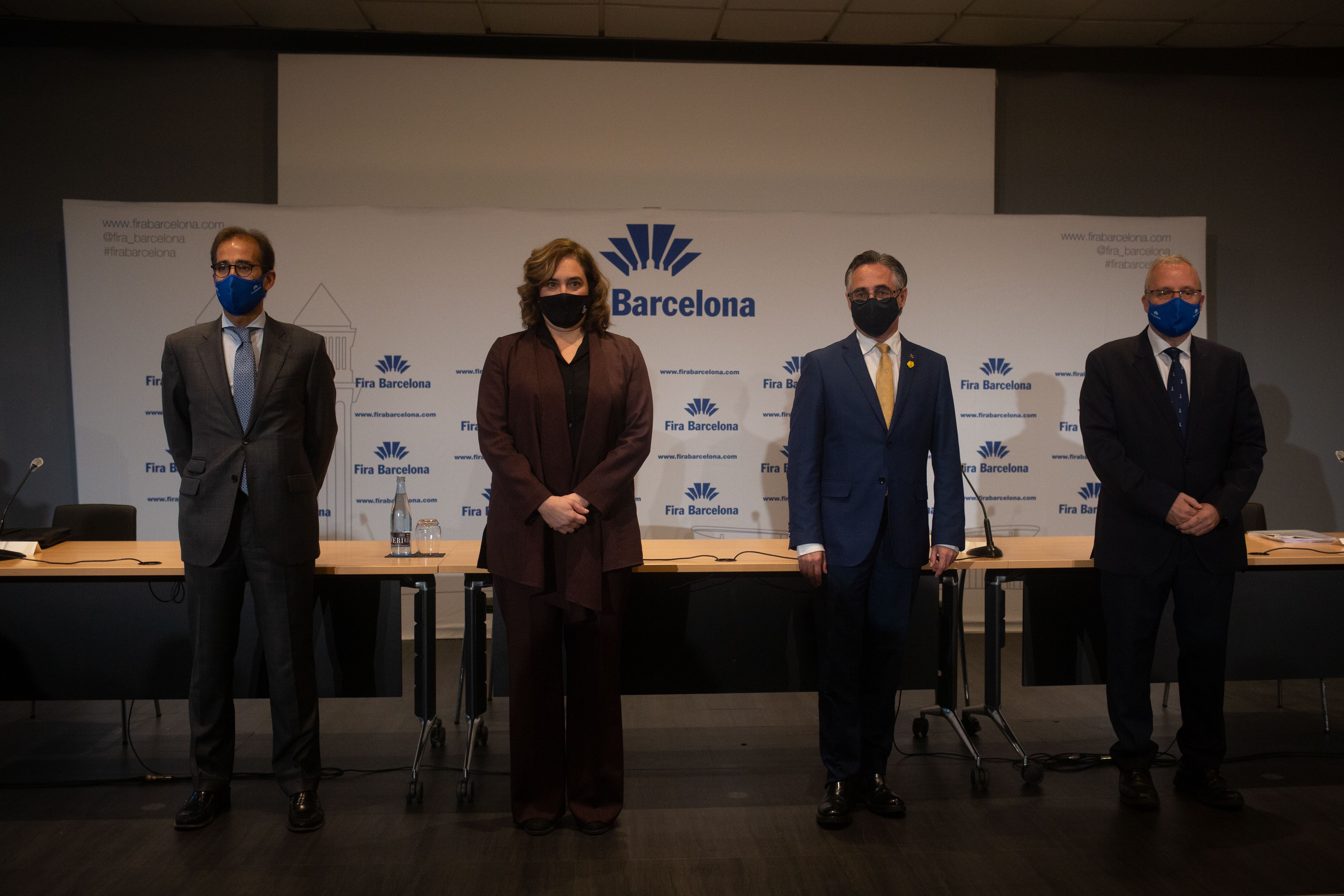 El presidente de Feria de Barcelona, Pau Relato; la alcaldesa de Barcelona, Ada Coláis; el consejero de empresa, Ramon Tremosa; y el director General de la Feria, Constantí Serrallonga | Europa Press