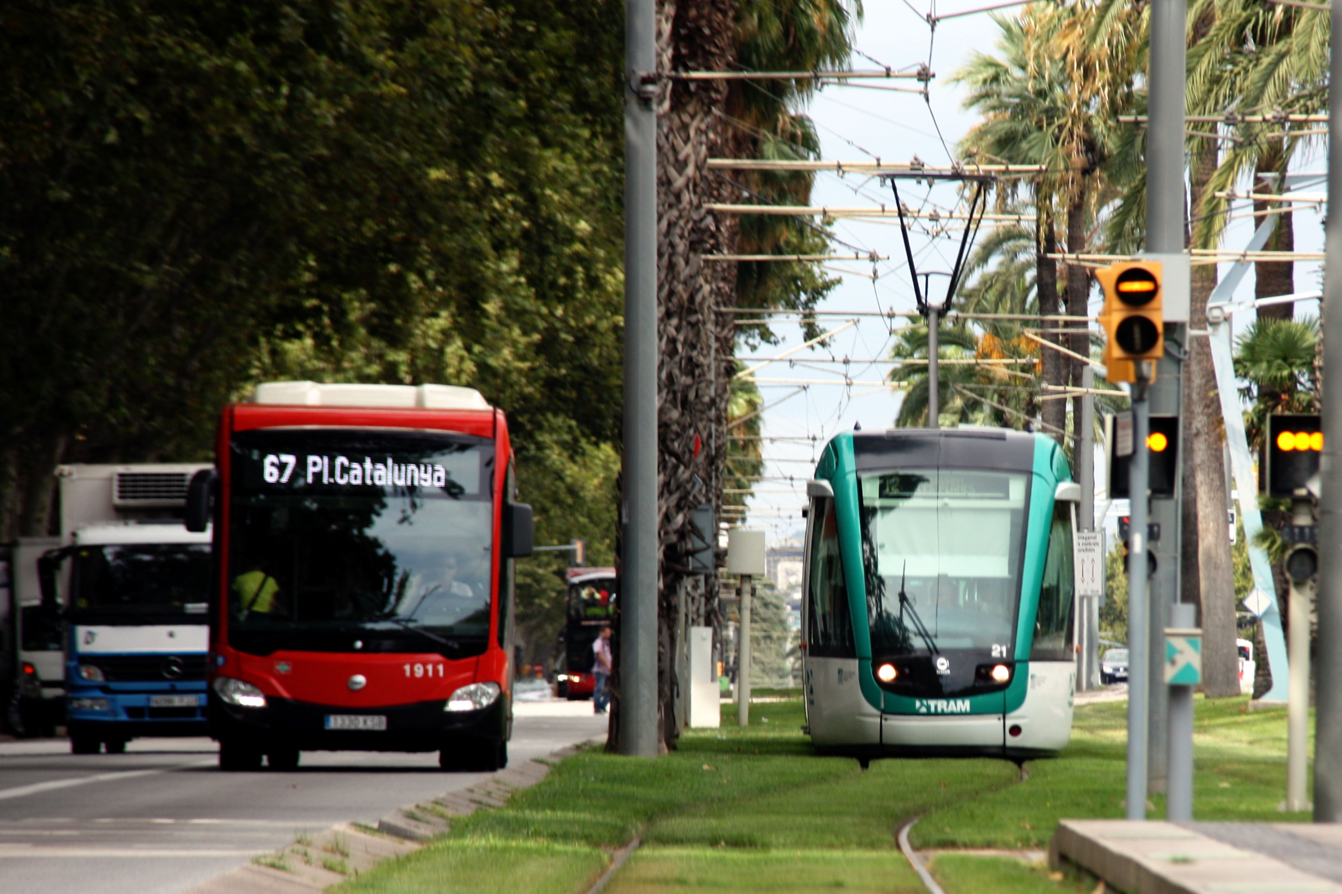 Un bus i un tramvia prop de l'estació de Tram de Francesc Macià de Barcelona | ACN