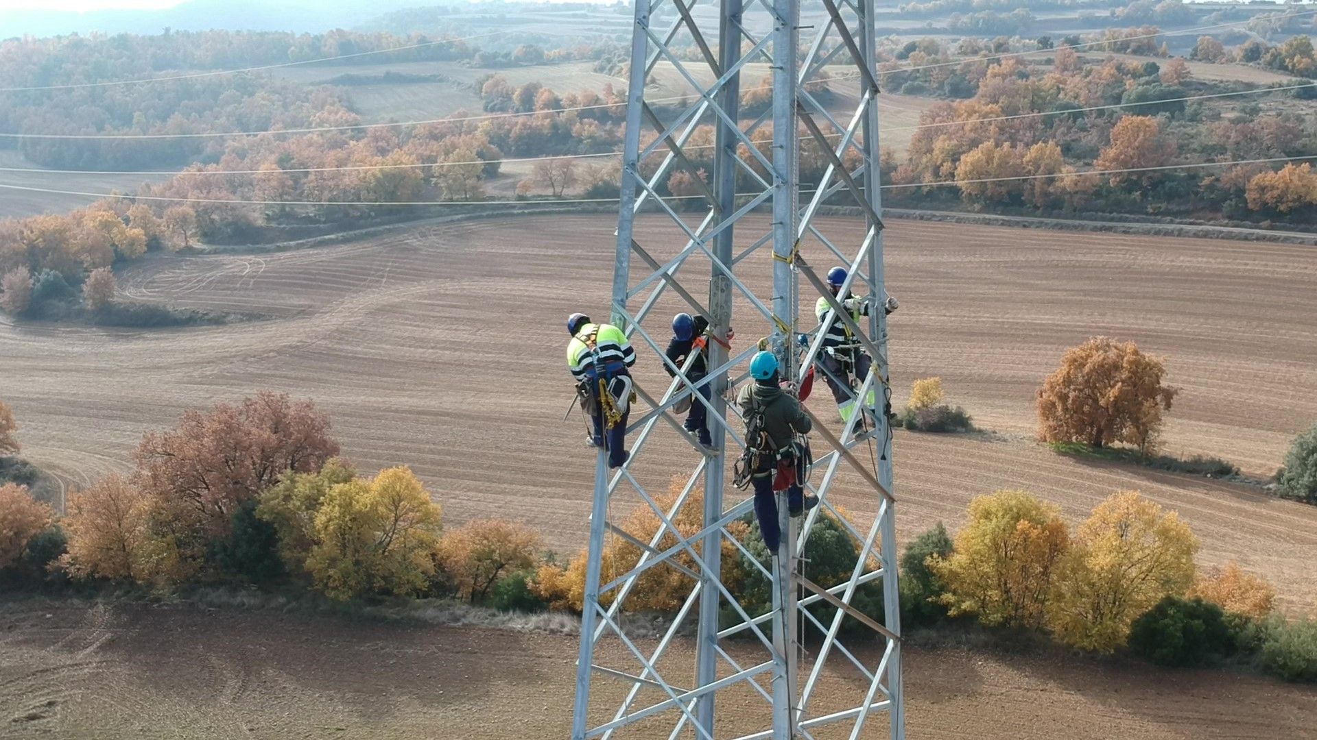 Operaris d'Endesa en una torre d'electricitat de Catalunya, en una imatge d'arxiu | Cedida