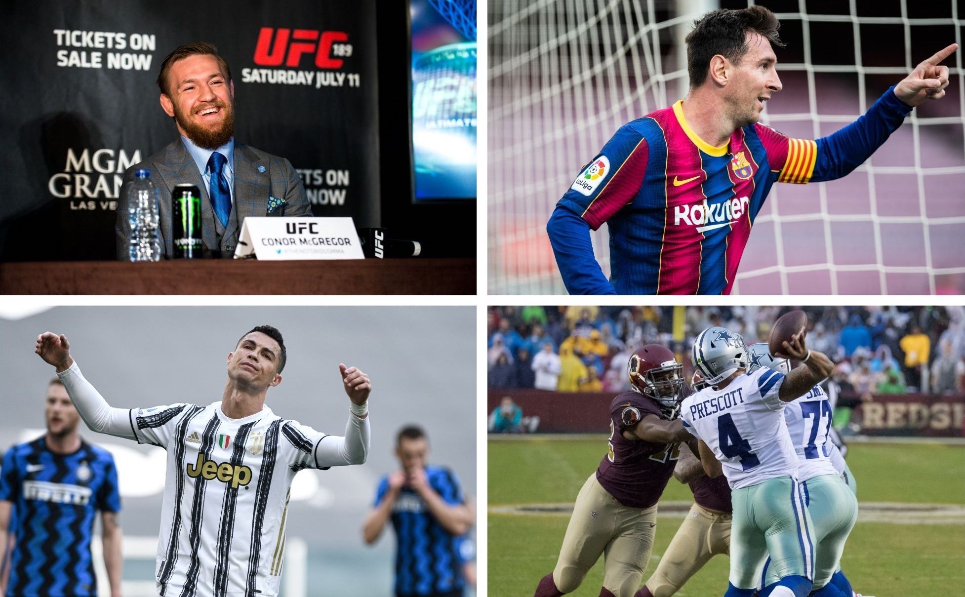 Los cuatro deportistas mejor pagados del mundo: Conor McGregor, Leo Messi, Cristiano Ronaldo y Dak Prescott