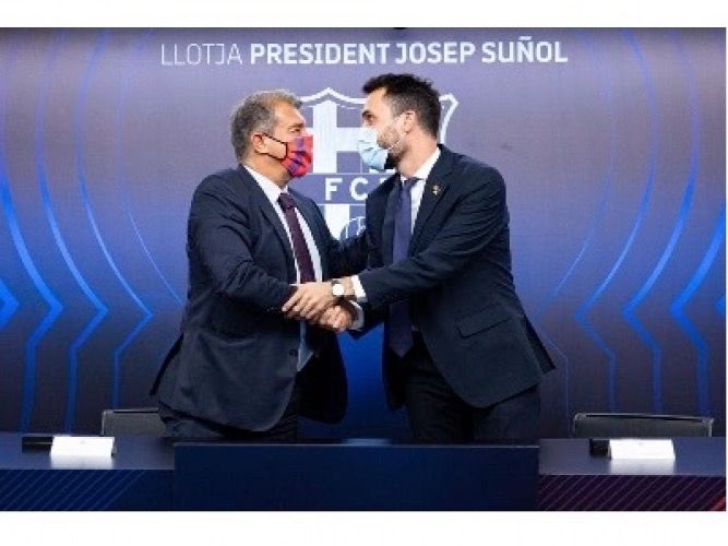 Joan Laporta y Roger Torrente al acto de firma del convenio de colaboración | Cedida