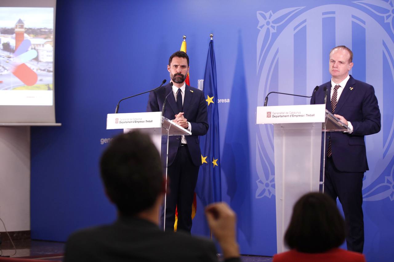 Roger Torrent, conseller de Empresa i Treball, y Albert Castellanos, secretario de Empresa i Competitivitat, en la presentación del balance de la unidad Catalonia Trade & Investment de Acció | Cedida