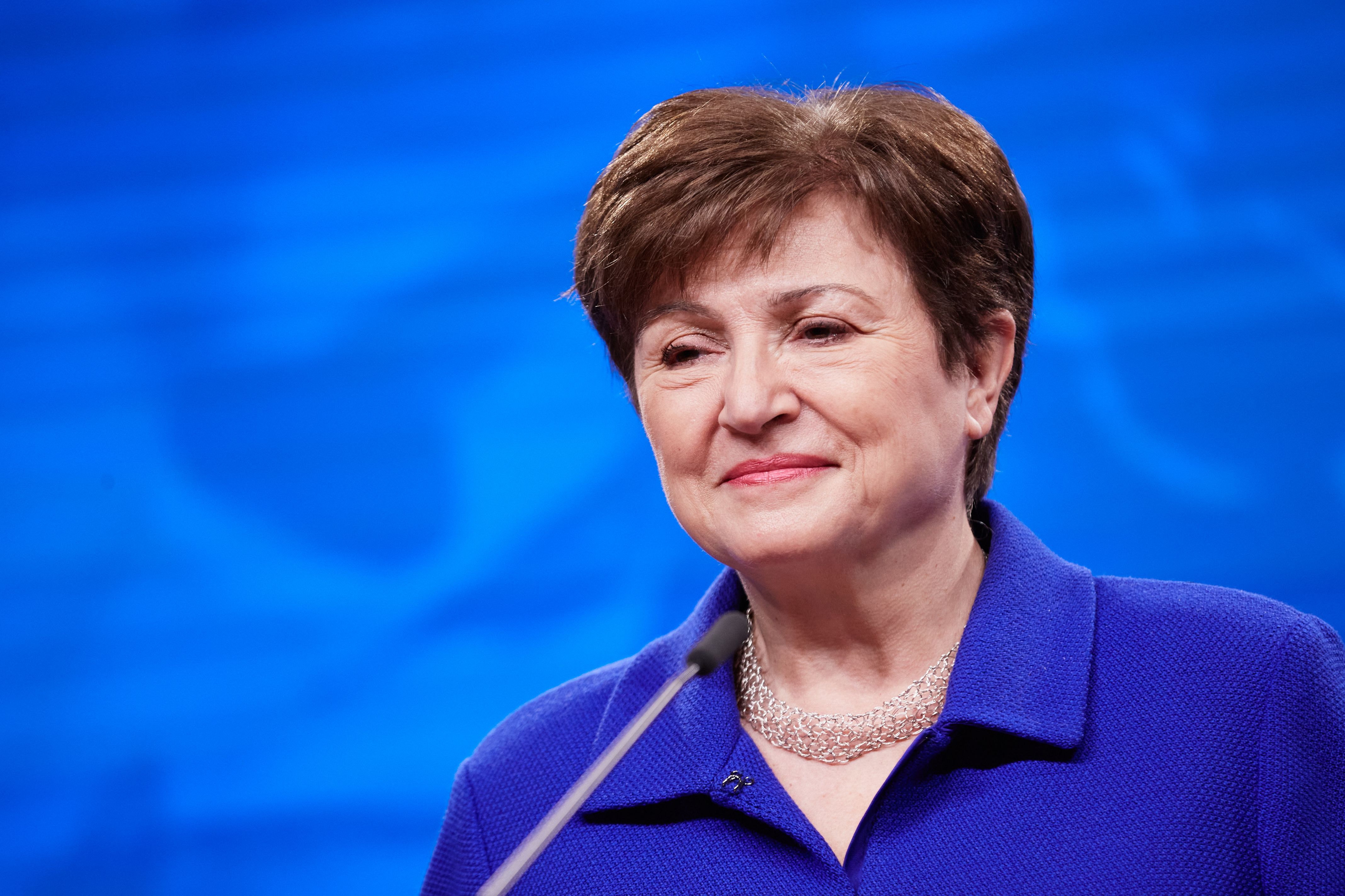 La presidenta del Fons Monetari Internacional (FMI), Kristalina Georgieva, en una roda de premsa posterior a la celebració de l'Eurogrup a Brussel·les | Unió Europea