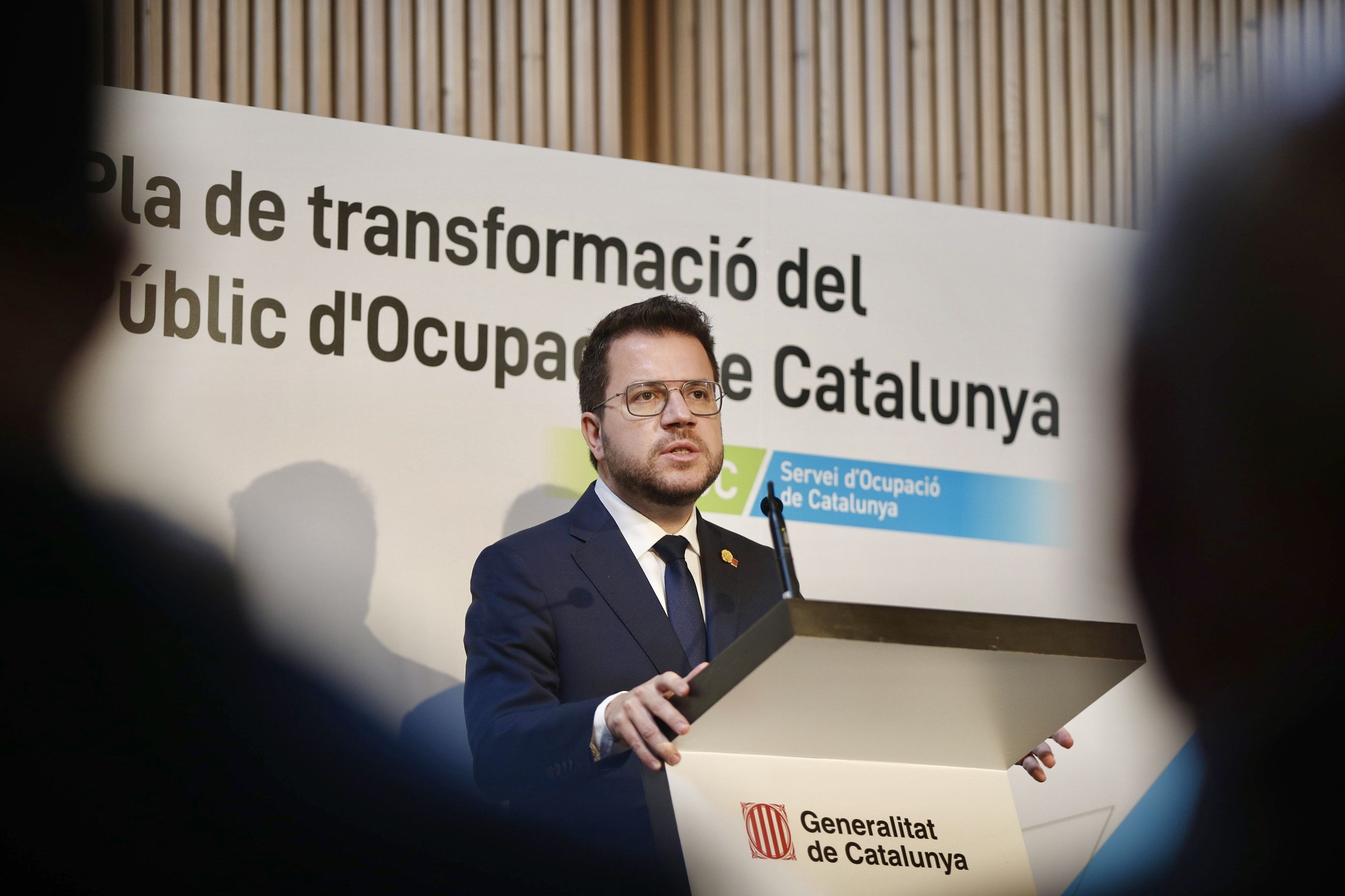 El president Pere Aragonès, durant la presentació del Pla de transformació del Servei Públic d’Ocupació de Catalunya (SOC) | Beth Mägre