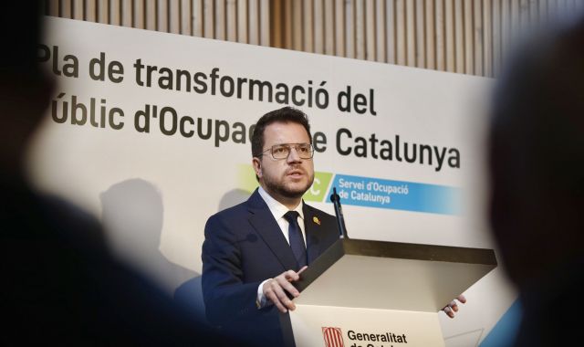 El presidente Pere Aragonès, durante la presentación del Plan de transformación del Servicio Público de Empleo de Cataluña (SOC) | Beth Mägre