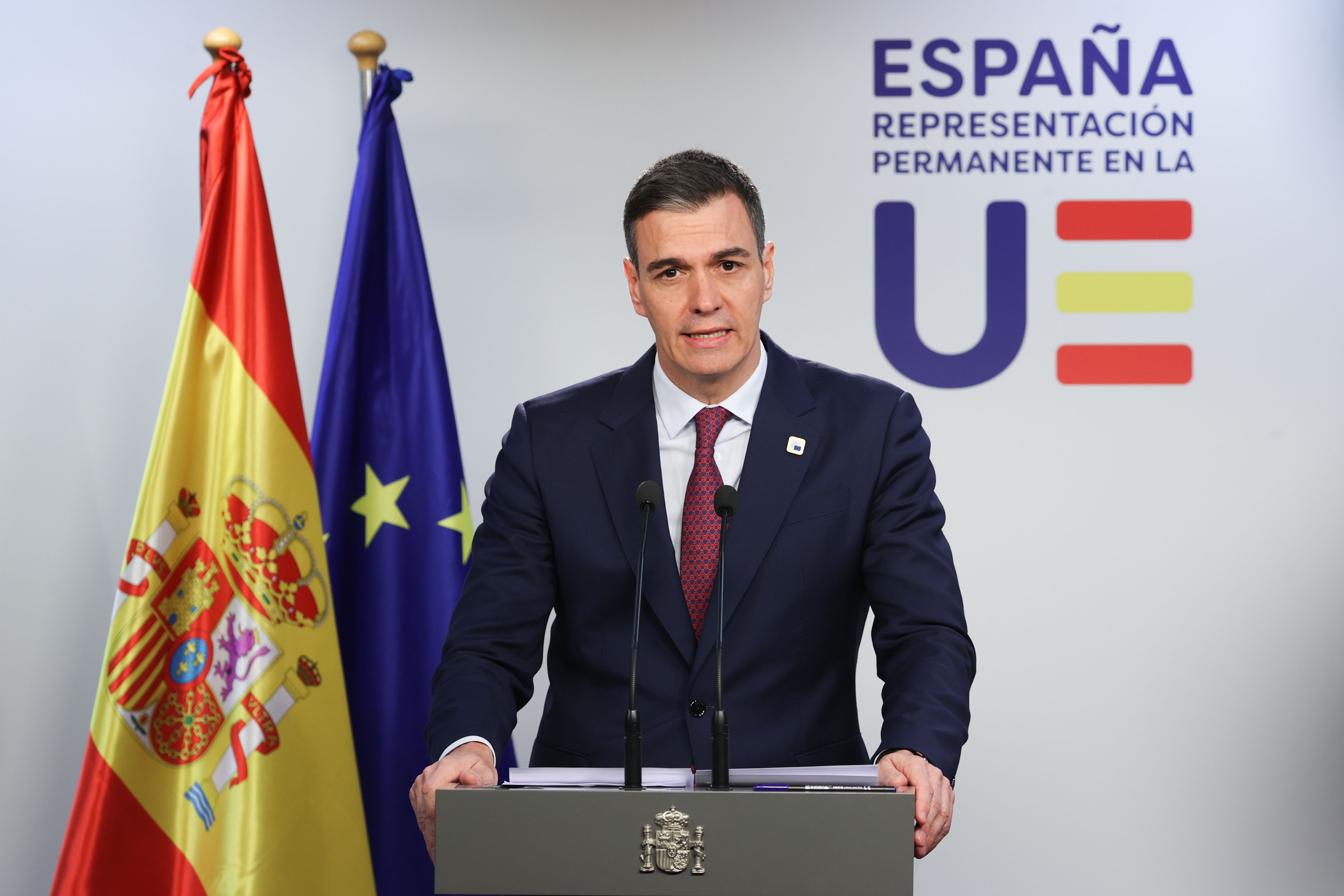 El president del govern espanyol, Pedro Sánchez, durant una roda de premsa posterior al Consell Europeu celebrat a Brussel·les | ACN