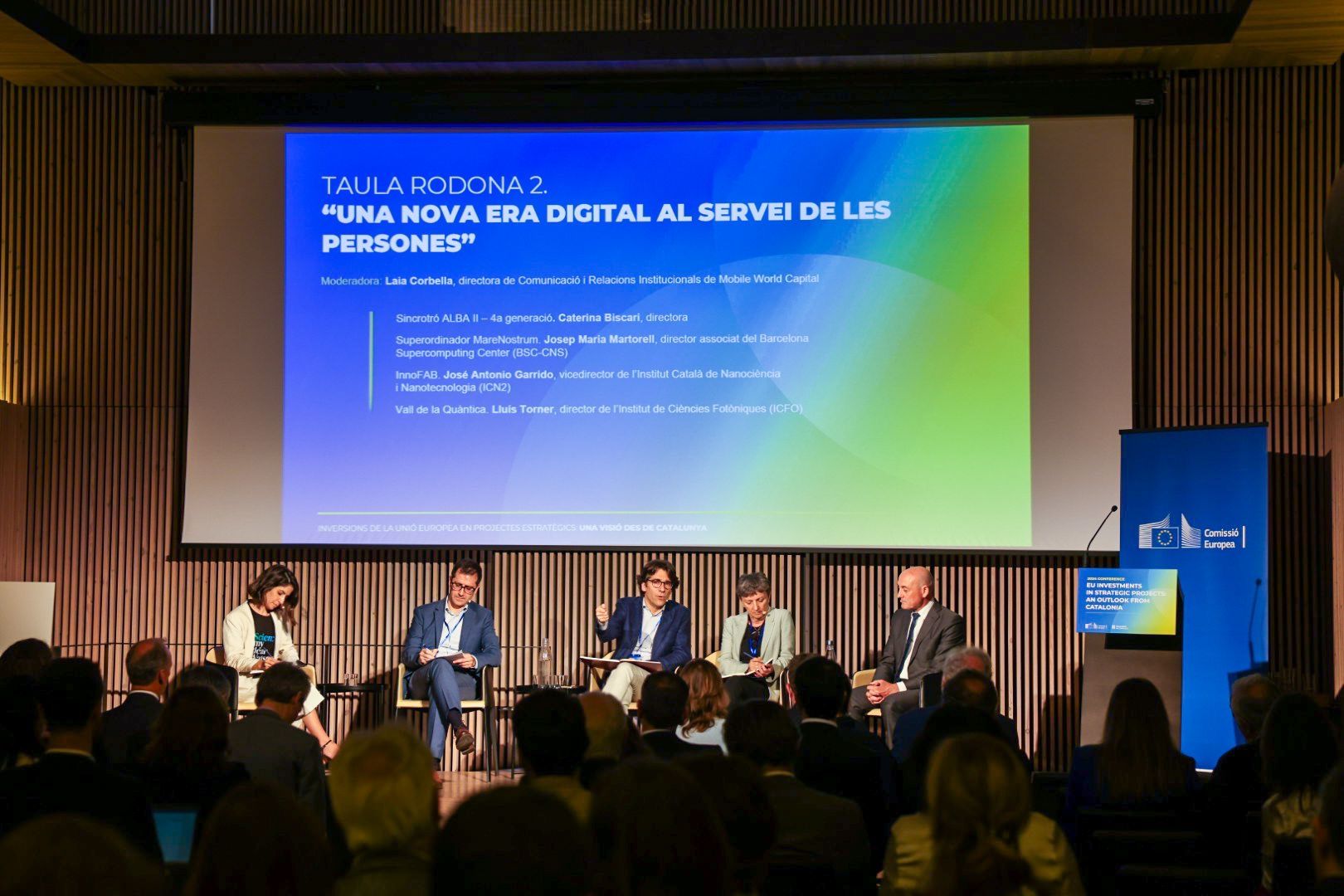 Laia Corbella (MWCapital Barcelona), José Antonio Garrido (ICN2), Josep Maria Martorell (BSC), Caterina Biscari (Sincrotró Alba) i Lluís Torner (ICFO) | Cedida