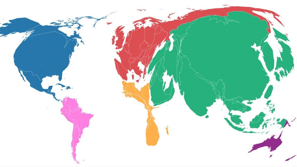 Mapamundi de l'Organització Carbon Map segons les emissions de CO2 de cada continent/país (any 2013) | Cedida