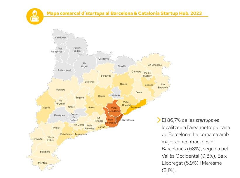 Mapa comarcal de startups del Barcelona & Catalonia Startup Hub. En gris les que no compten amb cap startup | Cambra de Comerç de Barcelona