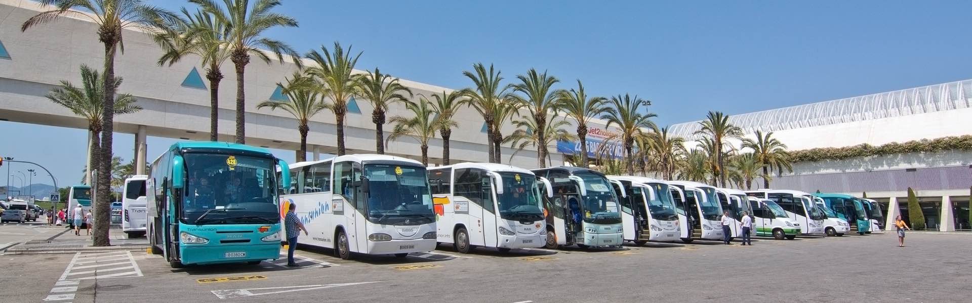 Autobuses que esperan para recoger turistas al aeropuerto