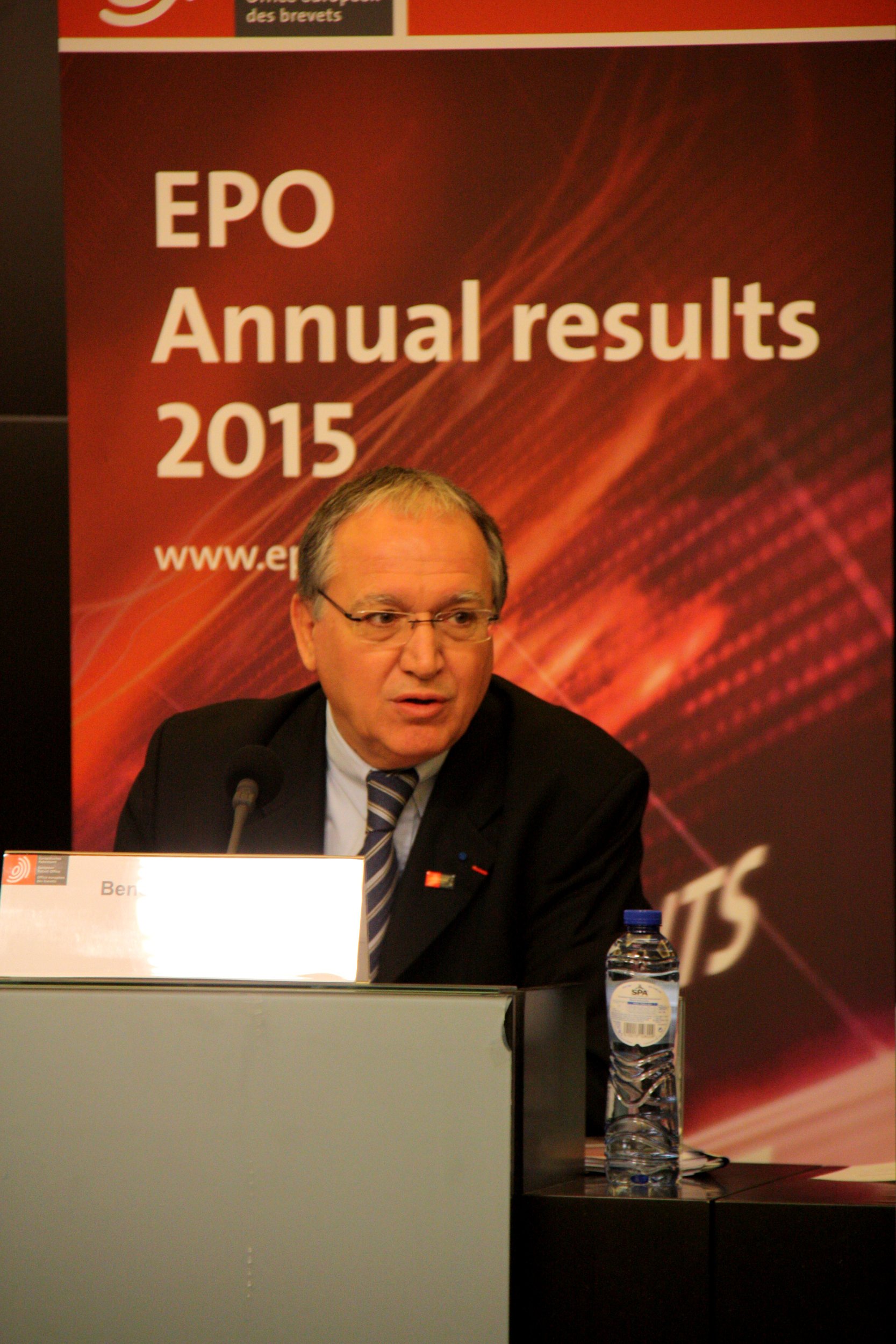 El presidente de lOficina Europea de Patentes, Benoit Battistelli durante la presentación de los resultados del 2015